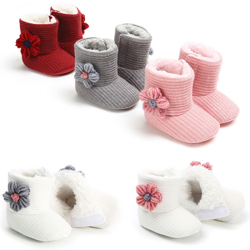 Baby Cute Warm Winter Boots Babies Girl Toddler Infant Winter Snow Boot Fur Faux Shoes Cotton Flower 0-18M