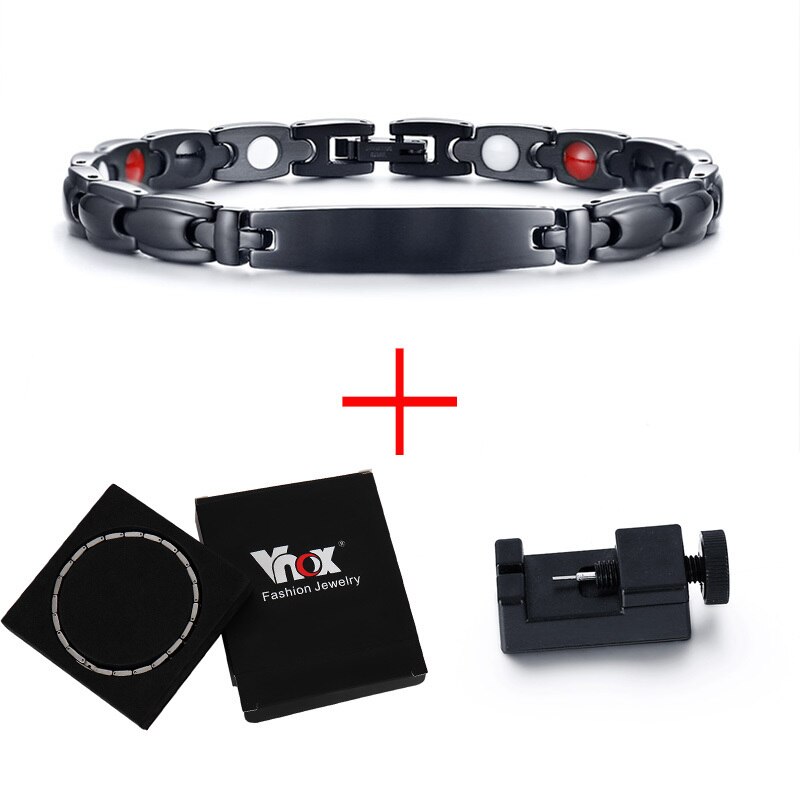 Vnox-Bracelets de santé magnétiques noirs pour femmes et hommes, en acier inoxydable, bijoux en Germanium Bio énergie unisexe 7.87": Add Tool