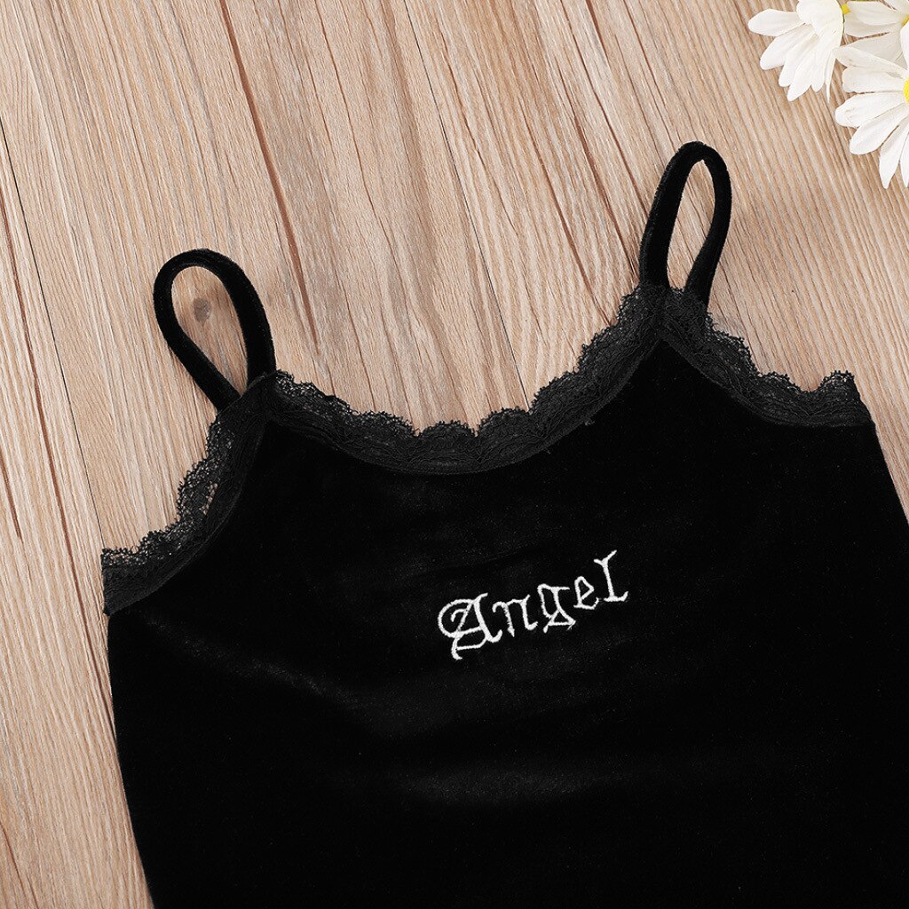 2021 estate bambini Casual cinturino in cotone ricamo lettera pizzo nero neonata o ragazzi T-shirt 3-10T