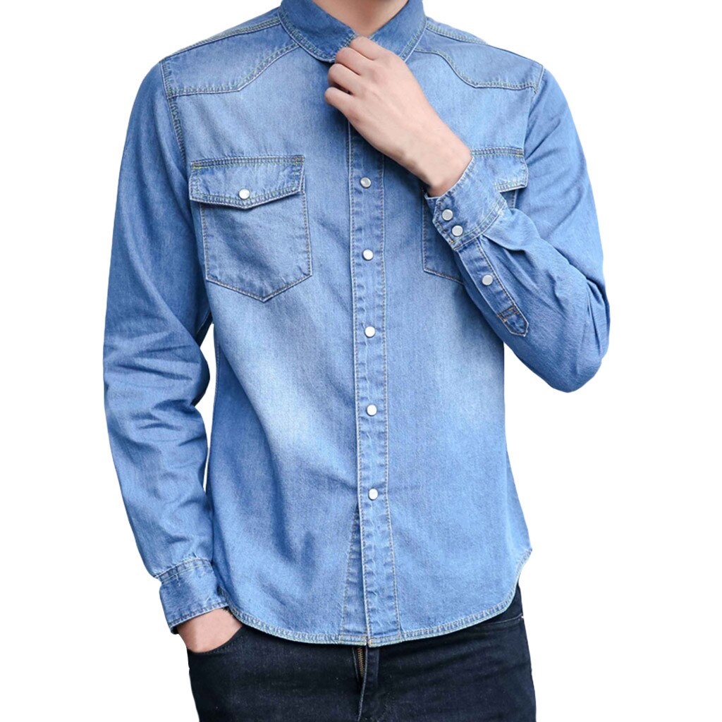 denim shirt Cotton men long sleeve casual shirts Men's Jeans Shirts for Male dress camisa masculina clothes: Sky Blue / M