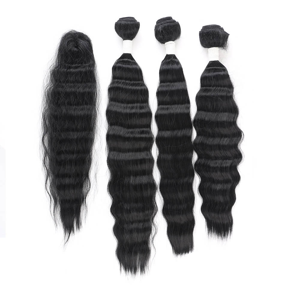 RYLAI Synthetic Body Wave Hair Bundles 16" -20‘‘ 1B＃ Hair Extensions 3Pcs Hair Bundles With 1Pcs Top Lace Closure
