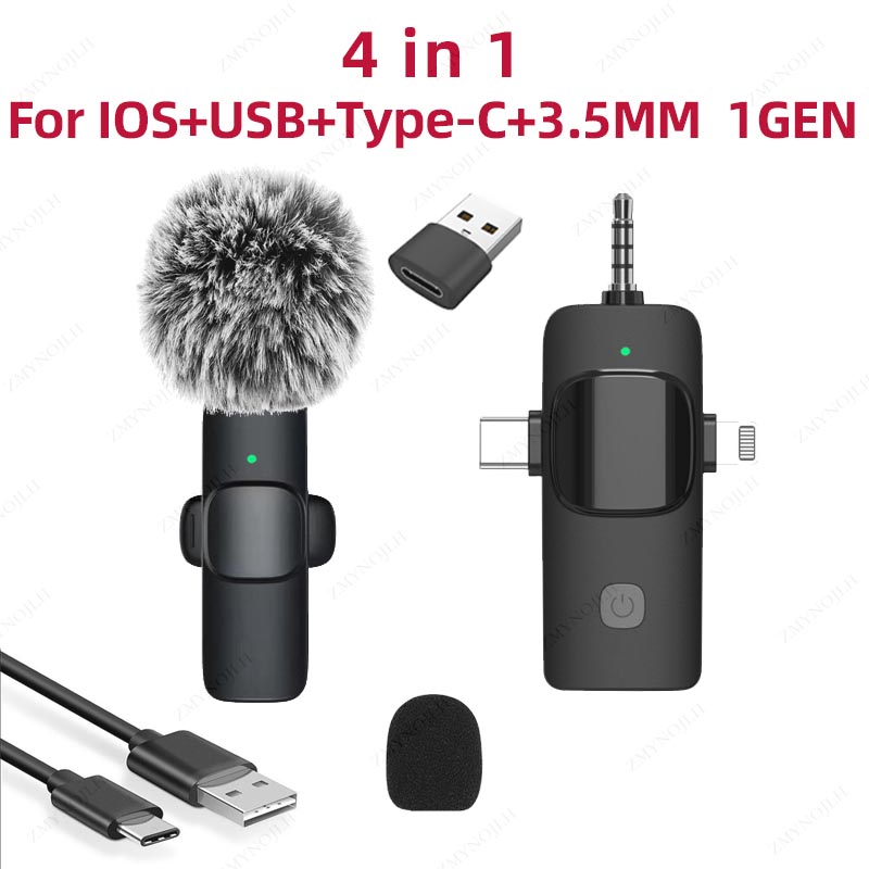 4 In 1 Wireless Lavalier Microphone for iPhone Android 3.5mm for Radio Live Recording Noise Reduction Mini Microph: Red