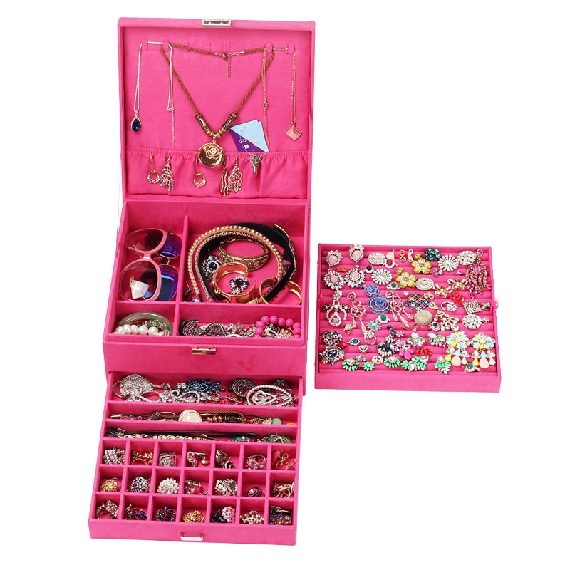 Style Luxury Jewelry Boxes 3 Layers With Lock Large Space Organizer For Ring And Necklace Velvet Jewelry Holder 4 Color