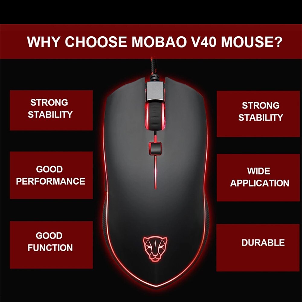 Motospeed V40 Gaming Mouse 4000DPI 6 Buttons USB Wired Optical LED Breathe Backlit Programmable Gamer Mice For Mini PC Laptop