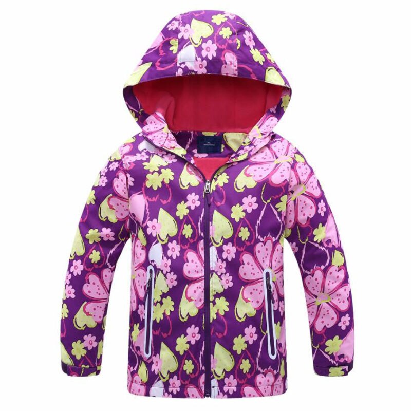 Piger vandtæt jakke børns udendørs vindtæt varm vindjakke frakke udendørs camping bjergbestigning hættekappe: Lilla gul