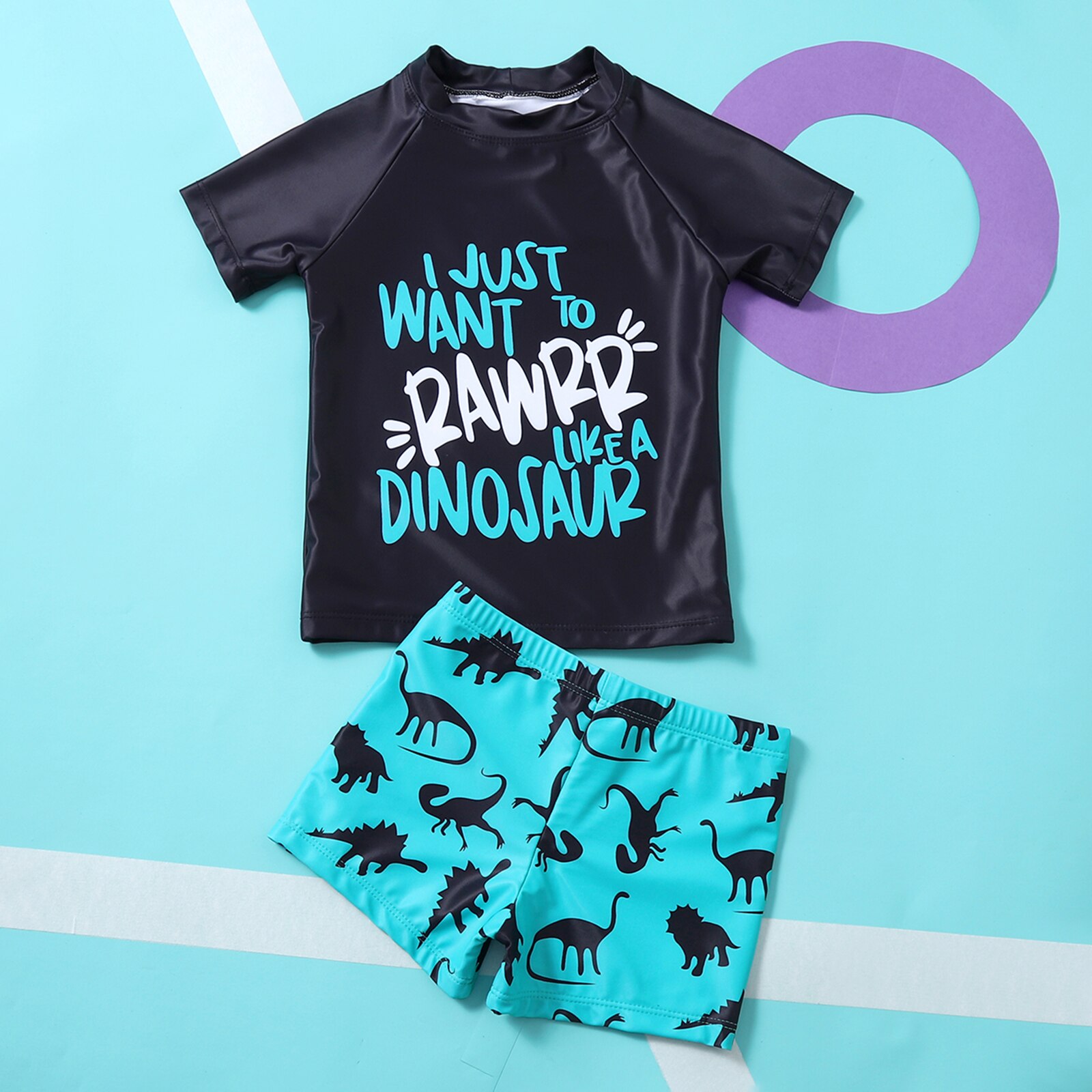 Boy’s Cute Two Piece Split Swimsuit Unique Letter Printed Short Sleeve Tops and Cartoon Dinosaur Shorts