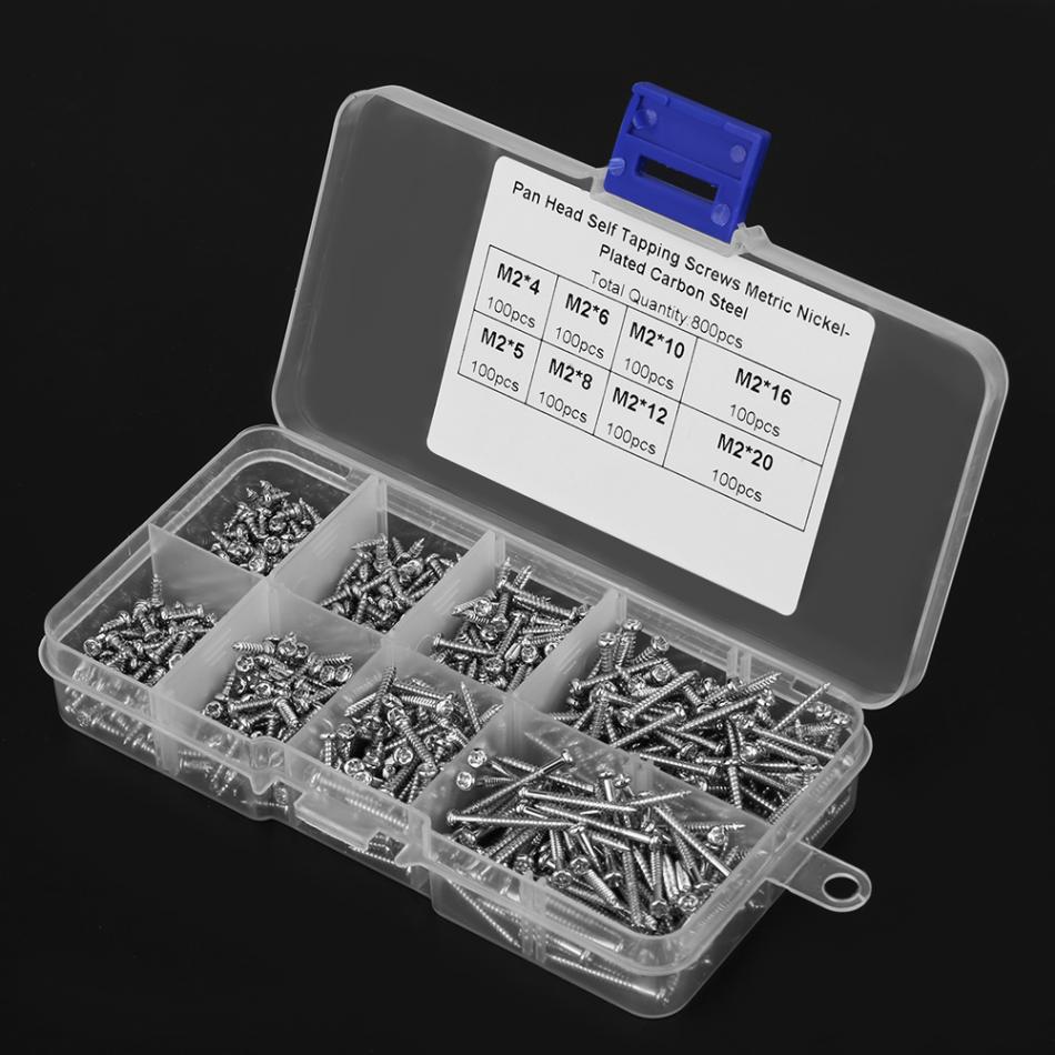 800pcs M2 Cross Drive Pan Head Self-Tapping Screws Woodworking Fastener Assortment Kit with Box Tool