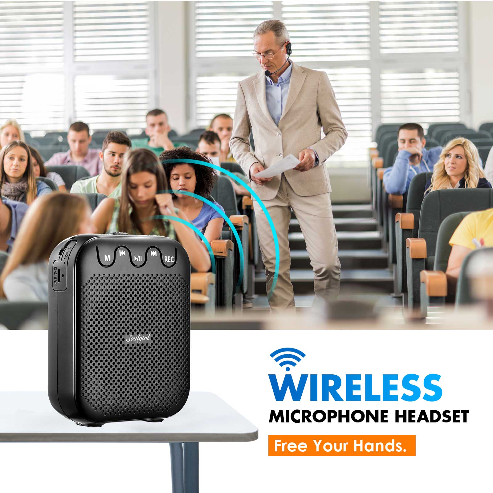 Voice Amplifier with UHF Wireless Microphone Headset, 20W 2600mAh Portable Rechargeable Speaker for Multiple Locations such as C