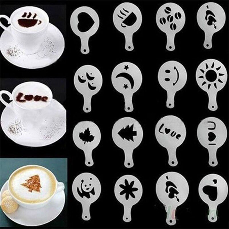 16 Stks/set Koffie Stencils Fancy Koffie Afdrukken Model Suiker Chocolade Cacao Koffie Afdrukken Spray Bloem Model Plastic Pp