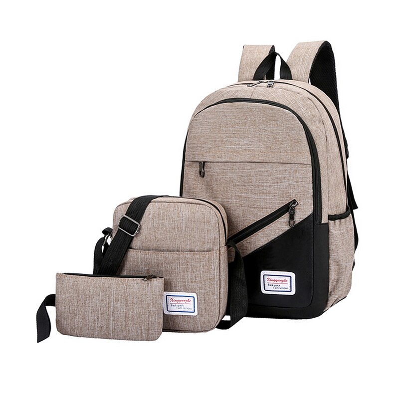 Litthing Usb Opladen Canvas Rugzak 3 Stks/set Vrouwen School Rugzakken Schooltas Voor Tieners Man Student Boek Tas Jongens Satchel: Khaki