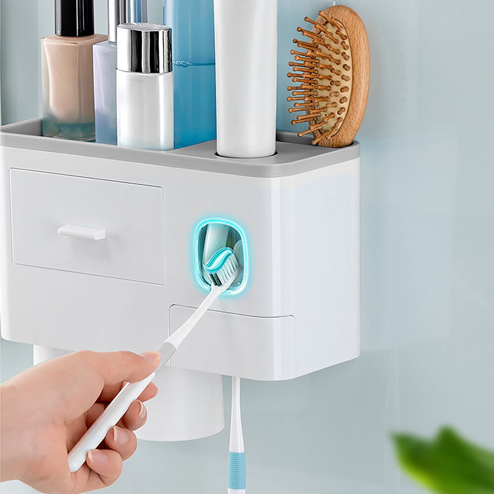 Auto Toothpaste Dispenser Toothbrush Holder Set With 2/3/4 Cups For Bathroom Accessories Home Wall Mount Toothpaste Squeezer