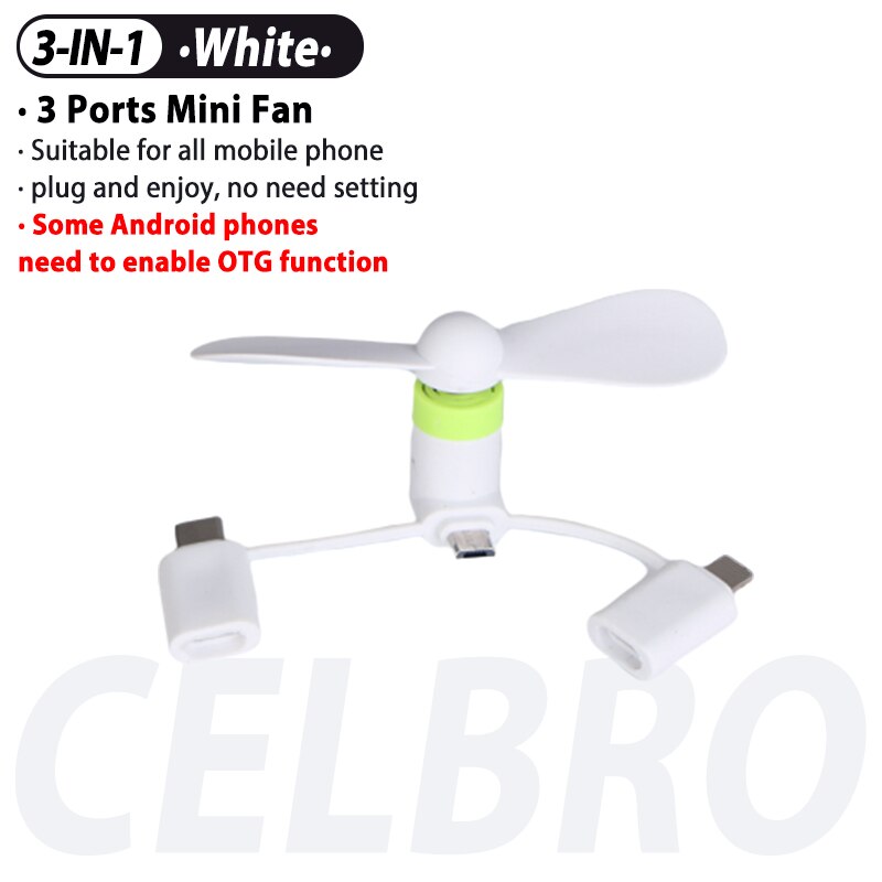 3-In-1 Mini Mobiele Telefoon Ventilator Draagbare Mobiele Telefoon Ventilator Cooling Type C Micro Port Fan 3 in 1 3in1 Voor Huawei Samsung Xiaomi Otg: 3in1 White