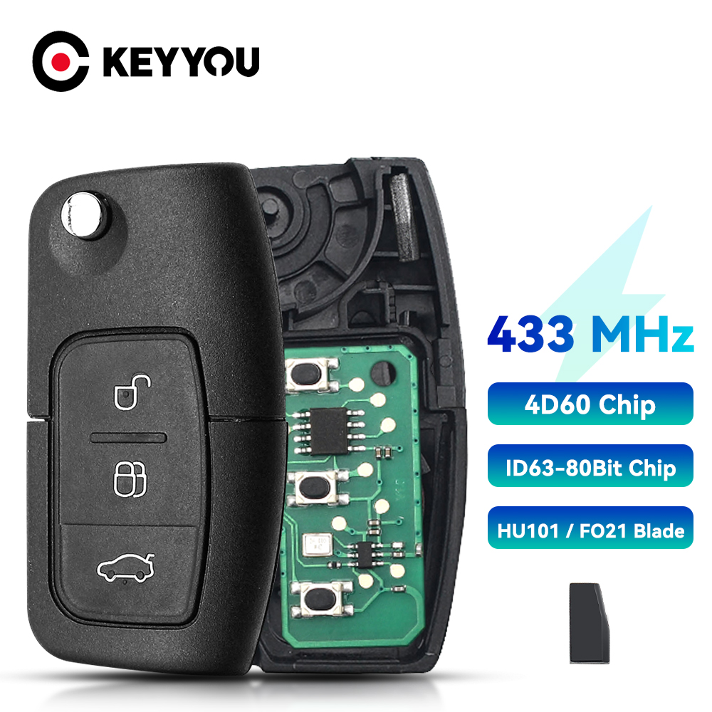 Keyyou 4D63/4D60 Chip Auto Afstandsbediening Sleutel Diy 433Mhz Voor Ford Fusion Focus Mondeo Fiesta Galaxy Ongesneden HU101 blade Voertuig Flip Sleutel