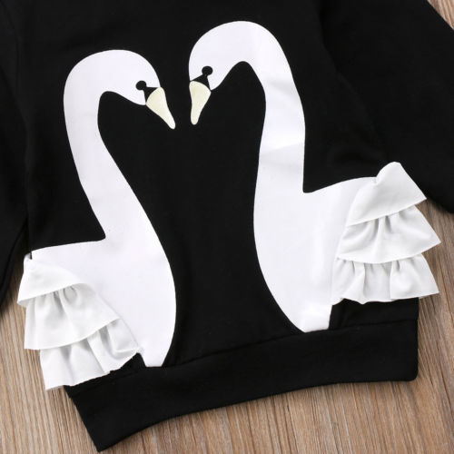 Schattige zwaan kind kinderen baby meisjes katoenen lange mouwen kant t-shirt top blouse kleding eendelig warm