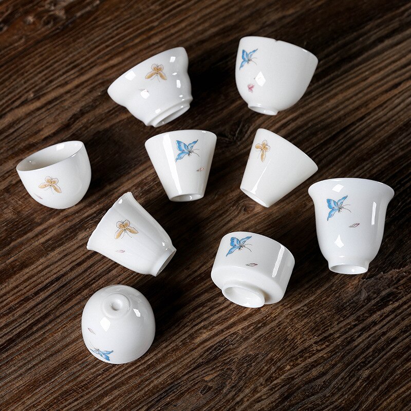 Ceramic Dehua Ceramic Whiteware Teacup Stacking Single Cup Hand-Painted Cup Kung Fu Tea Set Condensed Cute Tea Set Teacups