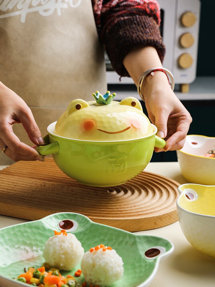 Cuencos de cerámica creativos para niños, recipiente de comida para fruta, rana de dibujos animados debajo de los platos esmaltados de 8,5 pulgadas