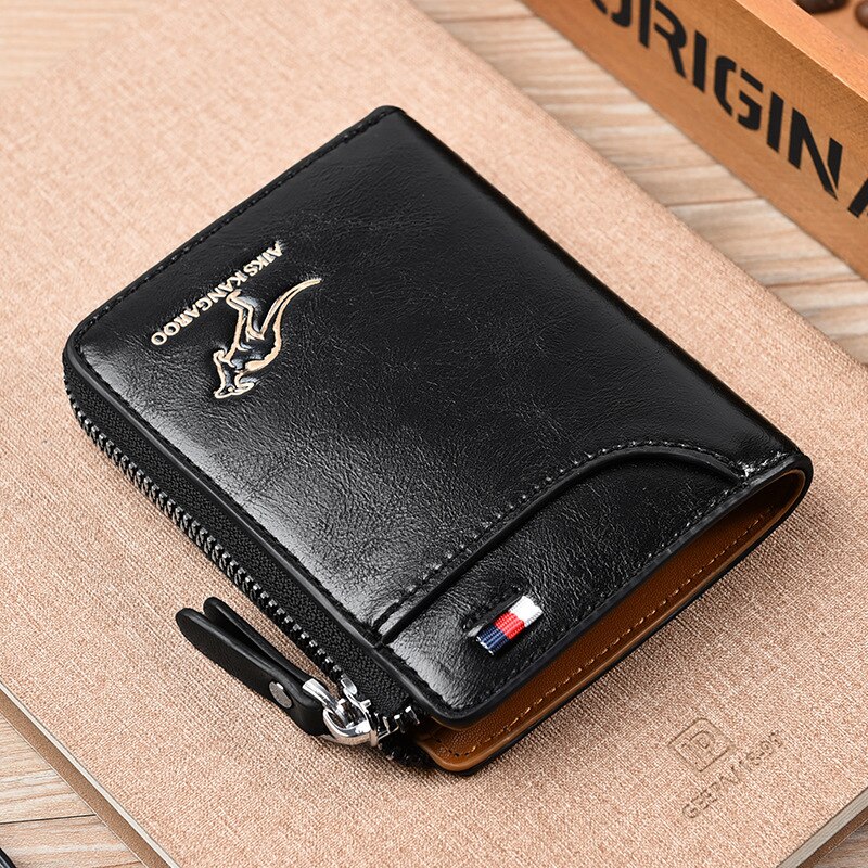 Men’s RFID Blocking Wallet Large Capacity Credit Card Holder Case Anti-Theft Vintage Business Leather Wallets Zipper Coin Purse: Black