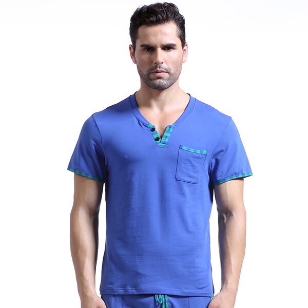 WJ Brand Man Home Leisure Clothes Mens Sexy Cotton Skinny Night Shirts Short Sleeves Sleeping Tops: Blue / L