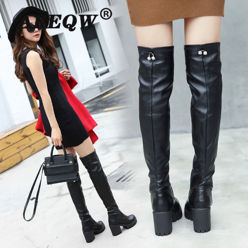 Women's Top Resiliency Pu Leather Over The Knee Boots Slip High Heel Platform Thigh Boots Ladies Shoes