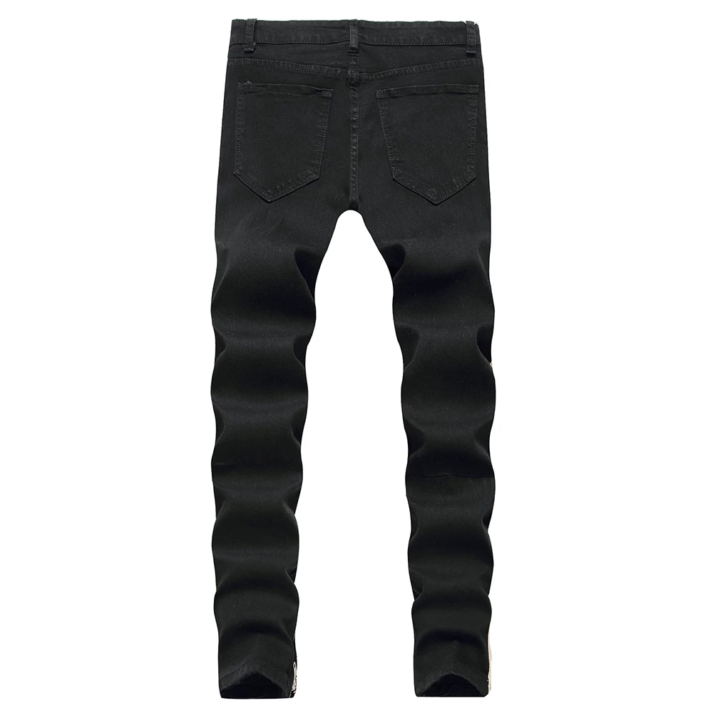 Men&#39;s Male Lines Stripe Big Holes Ripped Jeans Streetwear Zipper Slim Skinny Stretch Denim Pencil Pants Trousers Blue Black