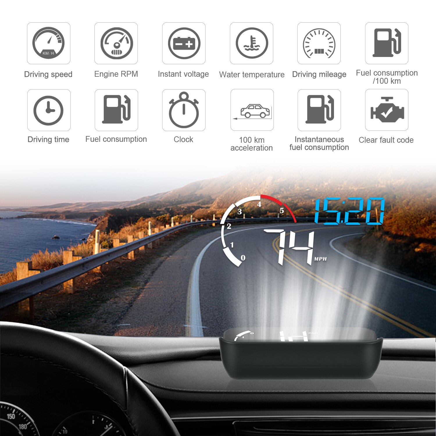 Digital M10 Car HUD OBD2 Head-Up Display tachimetro contachilometri per camion con avviso di velocità eccessiva/orologio per auto, grande schermo