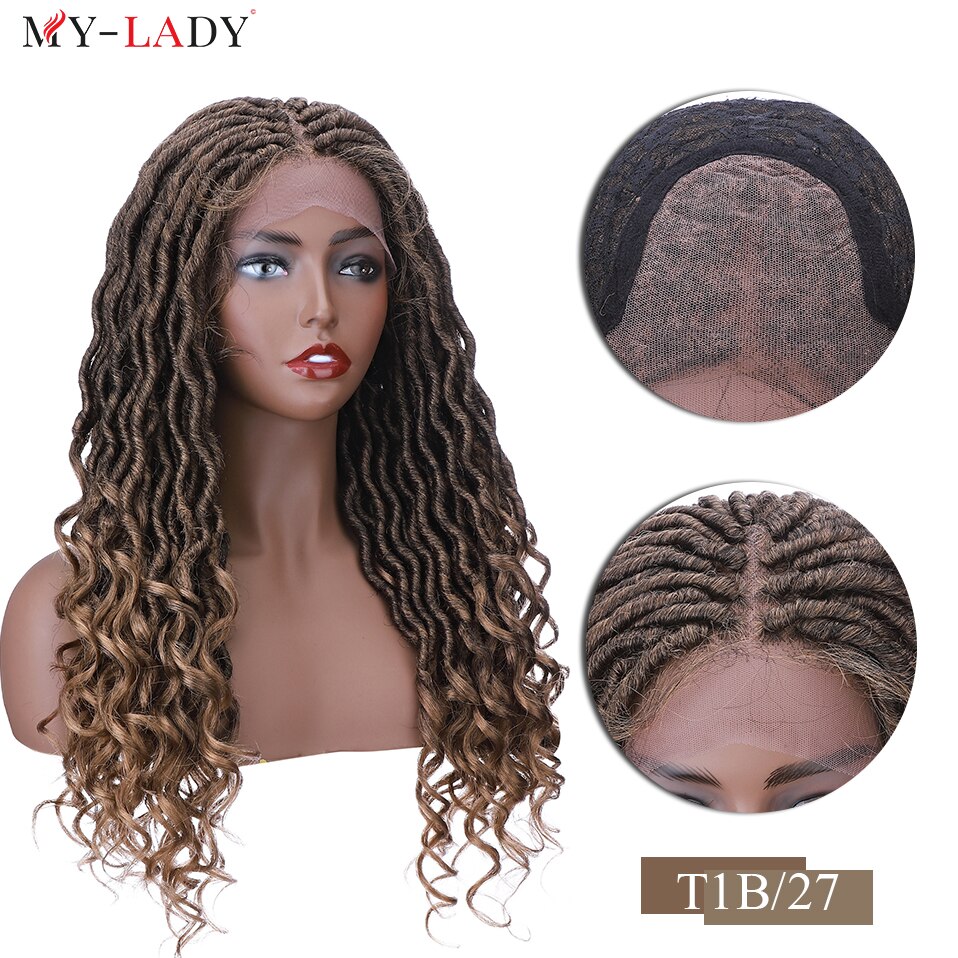 My-Lady 25inches Synthetic Lace Front Braids Wig Braid For Black Woman Long Culy African Hair Faux Locs Goddess Braided Wigs: T1B-27