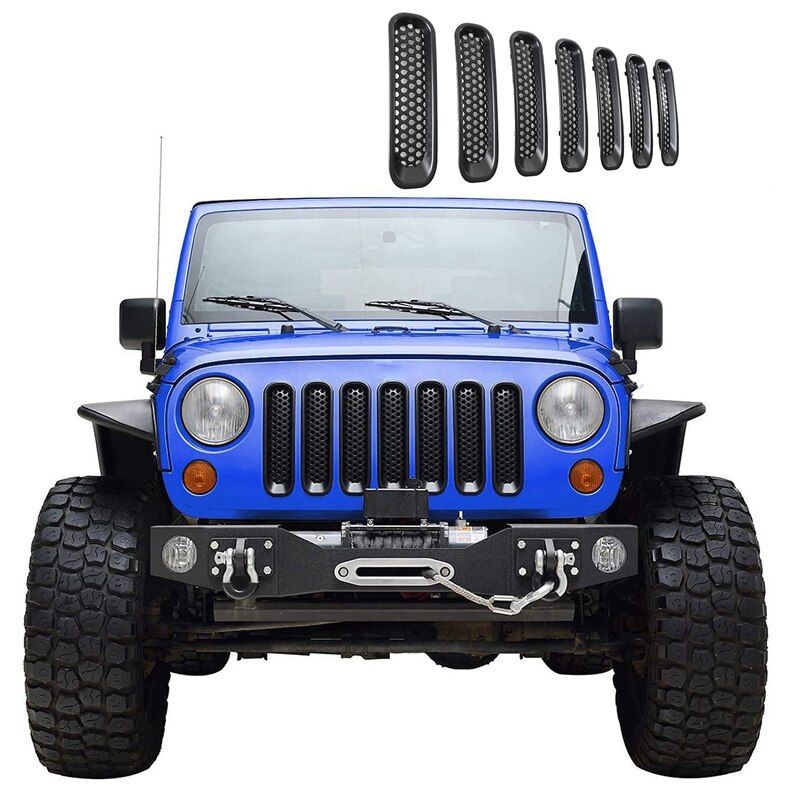 7 stk clip-in mesh gitterindsats dæksel passer til 07-15 jeep wrangler jk - mat sort