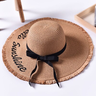Håndlavet vævning brev sol hatte til kvinder sort bånd snøre op store randen stråhat udendørs strand hat sommer hætter chapeu feminino: 7