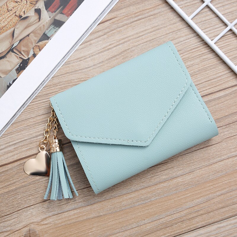 Women Wallet Cute Student Tassel Heart Pendant Short Wallet Small PU Wallet Coin Purse Ladies Card Bag For Women: light green