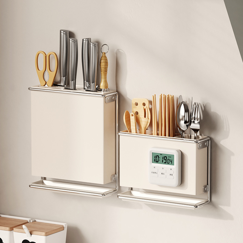 Soporte para cubiertos para encimera de cocina, montado en la pared, sin taladro, cuchillo, organizador de palillos, estante de almacenamiento de drenaje para utensilios de cocina