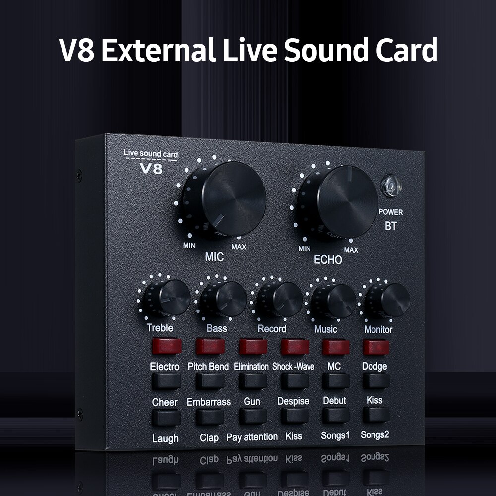 V8 Multifunctional External Sound Card 6 Sound Modes 12 Sound Effects for Online Singing Chatting Live Video Music Recording