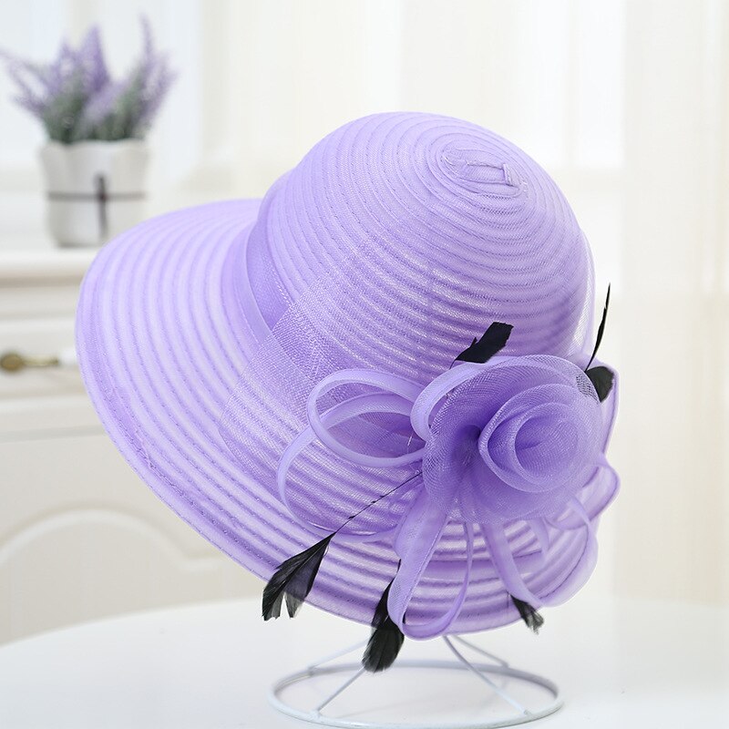 Verano de mujer de sombrero grande de cinta con flores de Floppy sombrero de sol de playa Kentucky Derby boda sombreros para Misa: Light purple