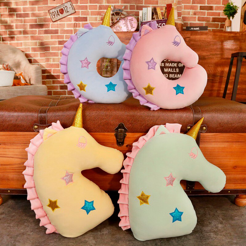 Adorable licorne tête en peluche oreiller flou doux en peluche Animal décor oreiller enfants lit lit jeter oreiller