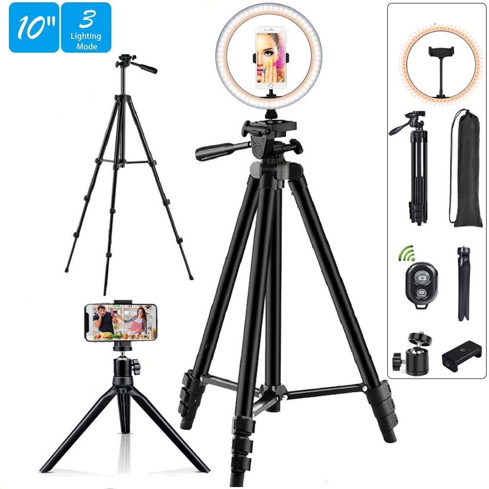 10" LED Selfie Ring Light Trepied Dimmable Lamp Desktop Circle Fill Light Phone Stand Holder Makeup Photography RingLight Tripod