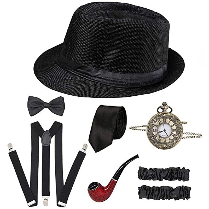 Cosplay kostyme 1920s herre gatsby gangster kostyme 8 stk tilbehørssett for mann: Svart