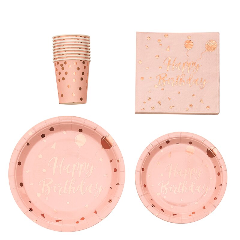 Gelukkige Verjaardag Decoraties Rose Gold dot Wegwerp Servies Papieren Borden Cup baby shower Meisje Kinderen Volwassen Verjaardagsfeestje Decor