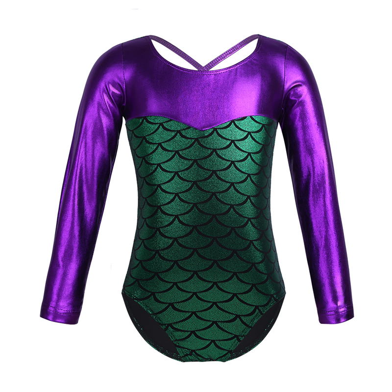 Langærmede glitrende vægte trykt splejsning gymnastik jumpsuit pige ballet kostume gymnastik trikoter akrobatik børn dansetøj: Grøn / 10