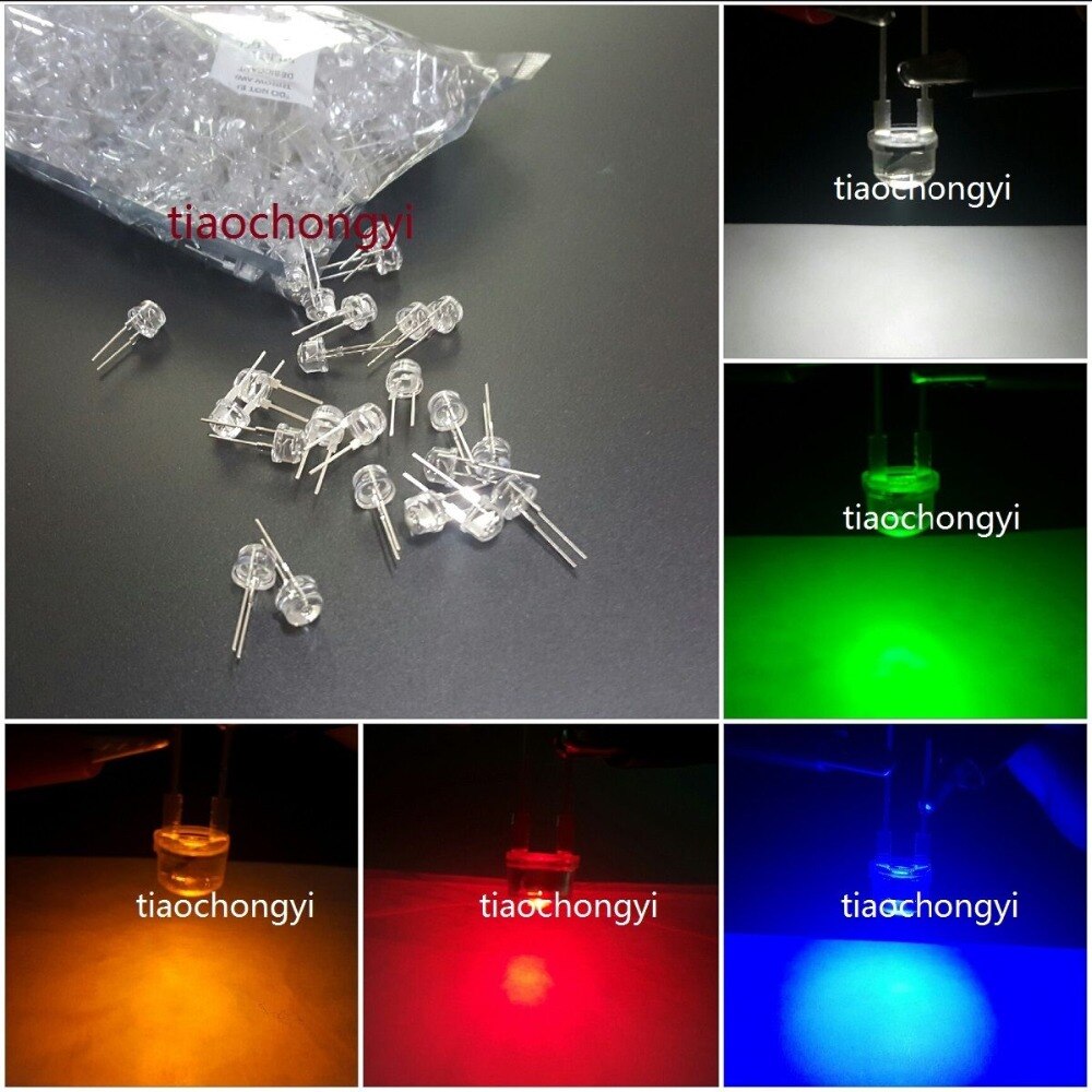 100 led haute puissance lumineuses grand angle 2 broches 8mm 0.5w (rouge vert bleu jaune blanc)