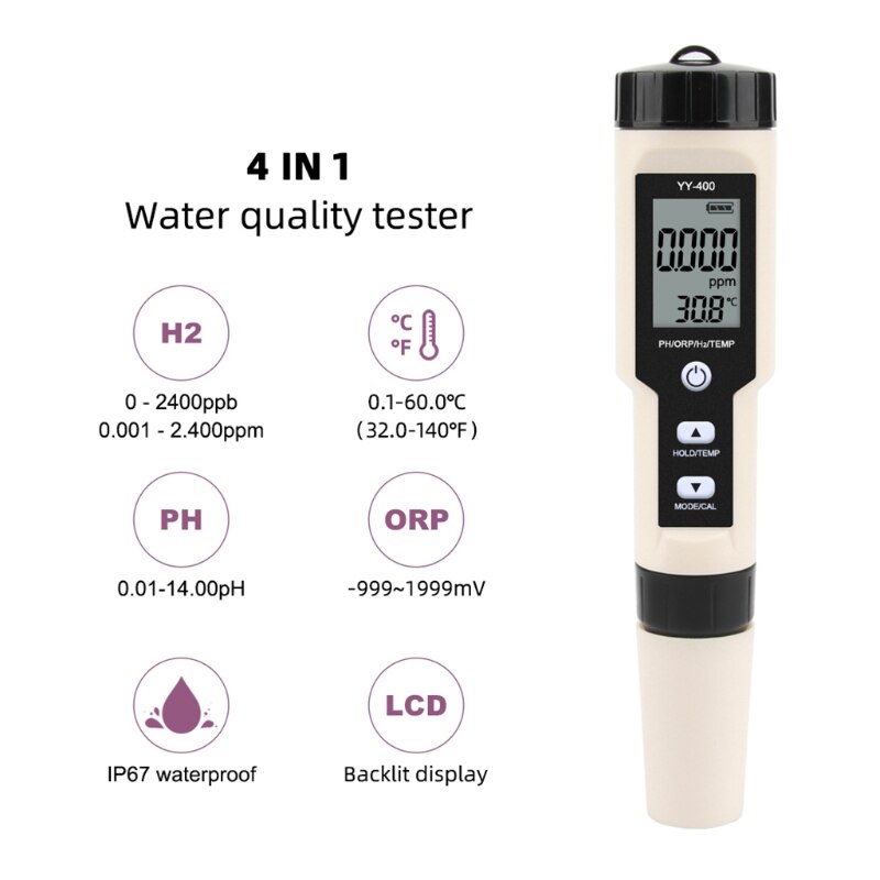 Nyeste yy -400 4 in 1 ph/ orp /h2 & tem meter digital dydrogen ion concentration tester til akvarium, swimmingpool, drikkevand: 7 tt 1501966- b
