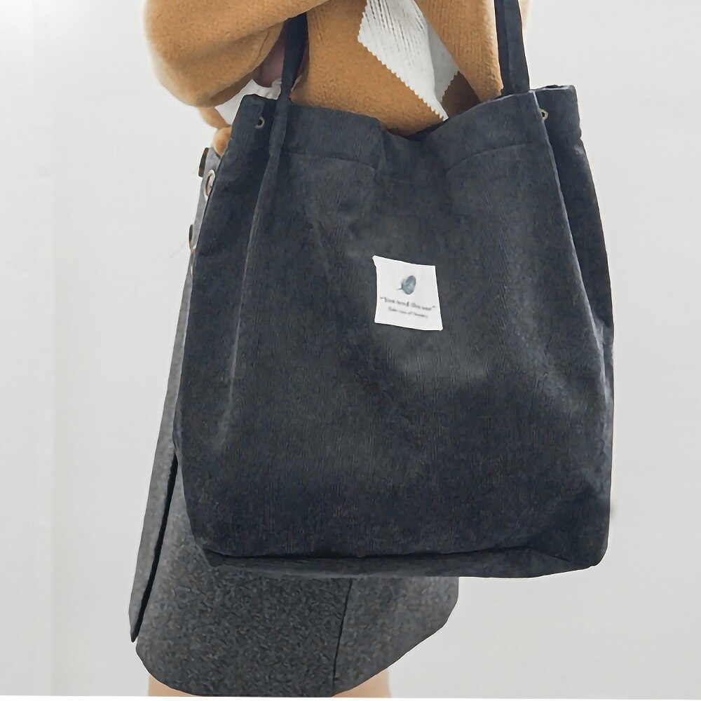 Bolso de pana para mujer, bolsa de compras de tela de lona, bolsa de lona ecológica, bolso de hombro de algodón de gran capacidad, bolsa de compra reutilizable: black