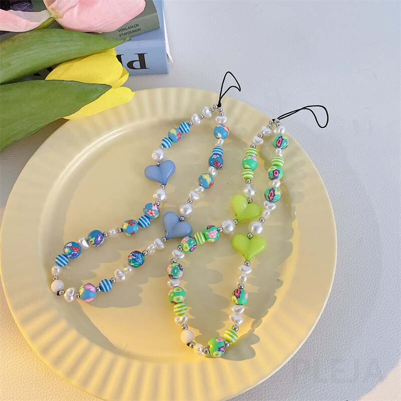 Mode Liefde Hart Mobiele Telefoon Riemen Voor Iphone 11 12 13 Pro Max Armband Hanger Leuke Sleutelhanger Ornament Parel Hand touw Ketting