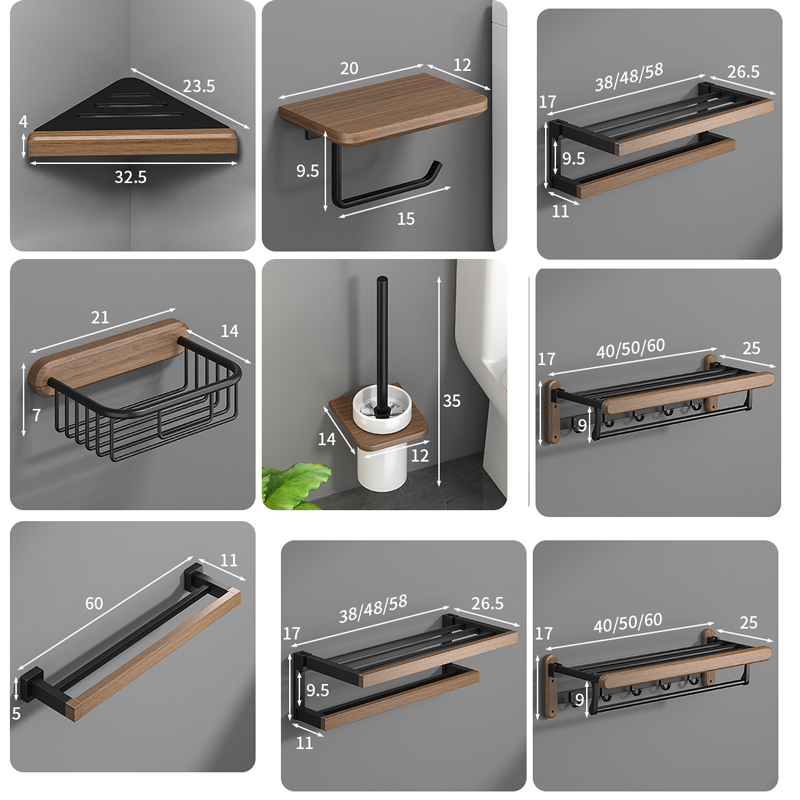 Estante de accesorios para el baño, accesorios de baño de madera negra, toallero montado en la pared, toallero, escobilla de baño, ganchos para toallas, soporte de papel
