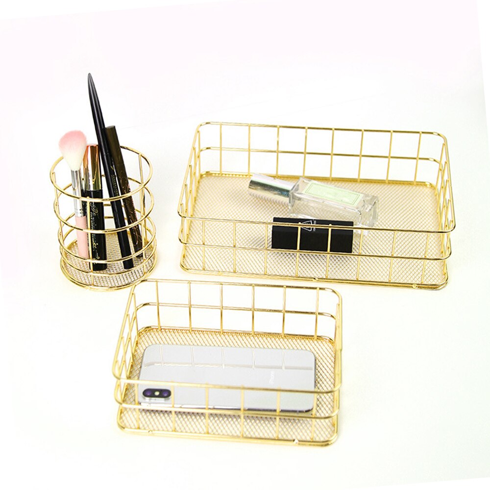 Office Desk Table Mesh Square Pencil Pot Cup Case Container Organizer Rose Gold Metal Pen Holder Home School Storage Basket