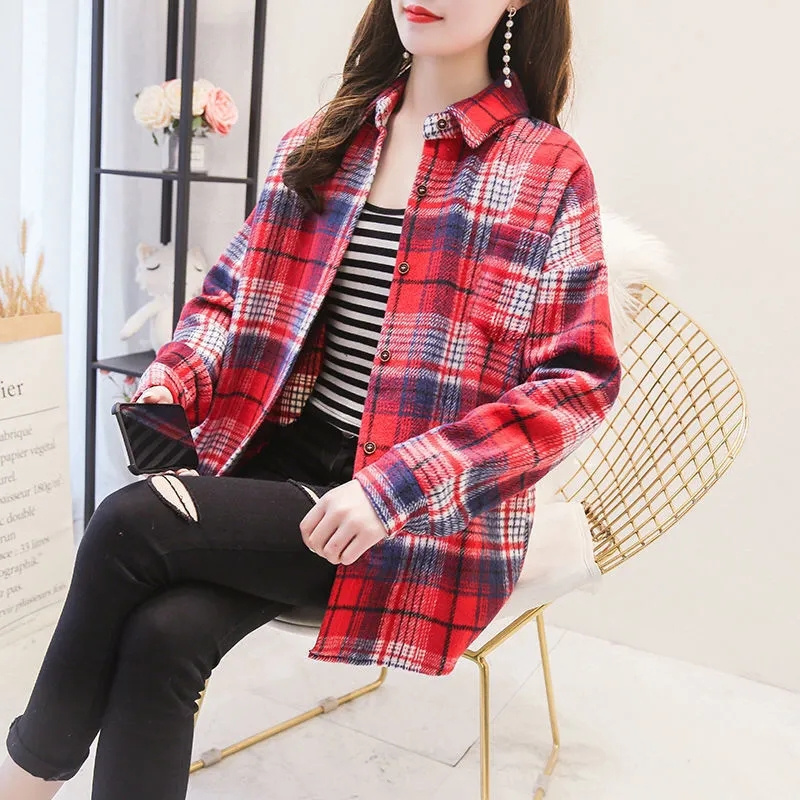 Spring Autumn Female Leisure Long Sleeves Shirt Women Plaid Woolen Cloth Cardigan Blouse Korean Ladies Loose Shirt