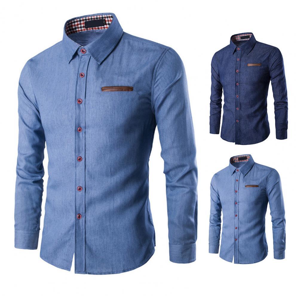Men Solid Color Long Sleeve Jeans Shirts Breathable Casual Denim Top for Work
