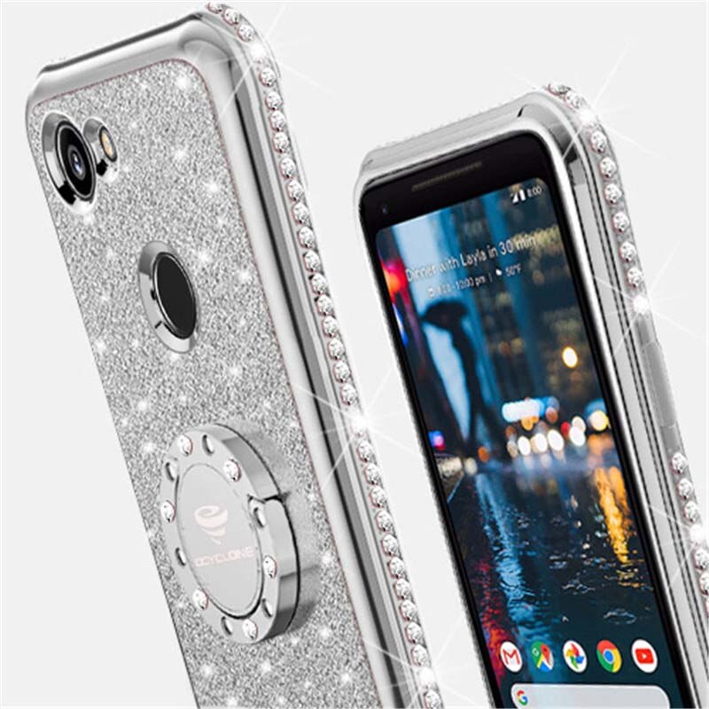 For Google Pixel 2Xl Case Luxury 360 Degree Kickstand Phone Housing case Rhinestone Bling Glitter Soft Slim 18:9 Inch Silicone: Silver