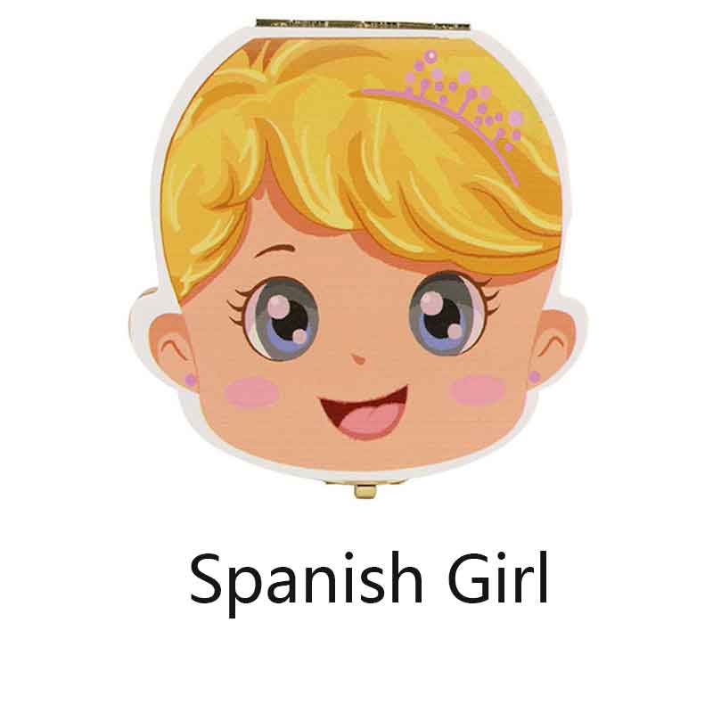 Tandkasse opbevaring souvenirs træ mælke-tænder-arrangør piger baby børn drenge russisk/fransk/spansk til drenge piger legetøj: Spanishyellowgirl