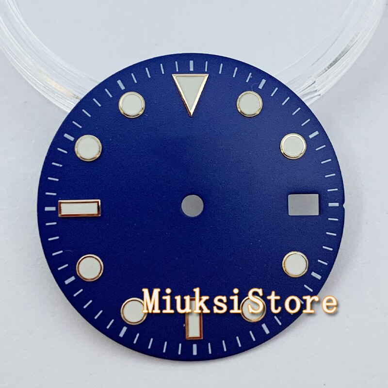 29Mm NH35 Wijzerplaat Steriele Zwart Groen Blauw Roze Horloge Wijzerplaat Met Datum Venster Voor NH35 NH35A Automatische Beweging accessoire Onderdelen: Blue-Gold edge-N