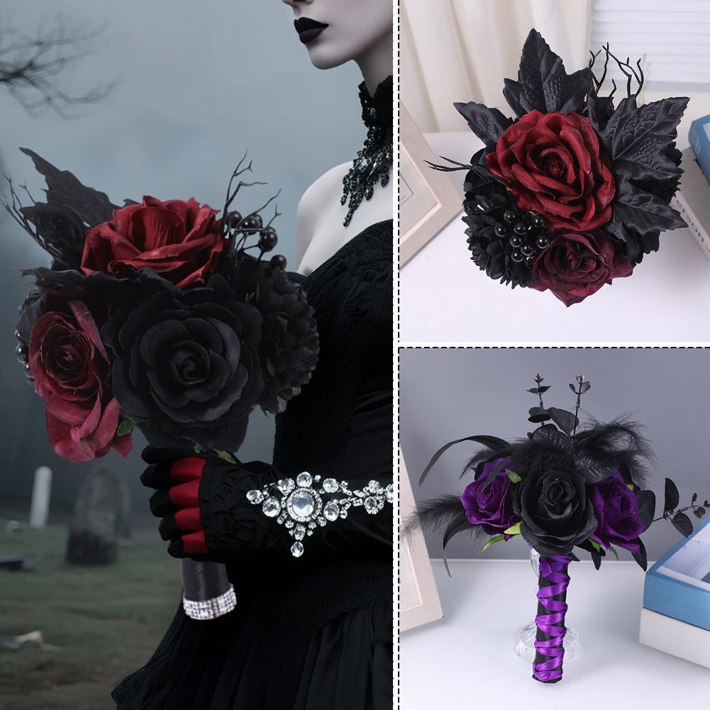 Gotisk bryllupsbuket med halloween-tema og dekorativ buket af høje materialer til fester, boligindretningsbuket