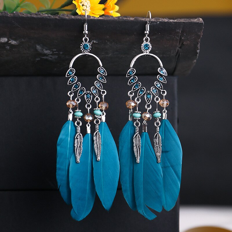 Pluma Bohemia pendientes para las mujeres Brincos joyería India Chian largo borla aleación Color plateado pendientes como: 7